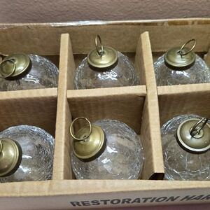 Restoration Hardware Crackle‎ Glass Ornaments Set of 6 Clear Brass Vintage Style